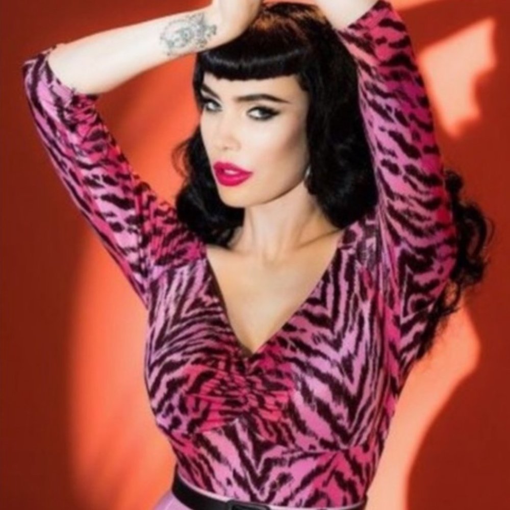 Pinup Girl Clothing Jailbird Pink Tiger Print Top